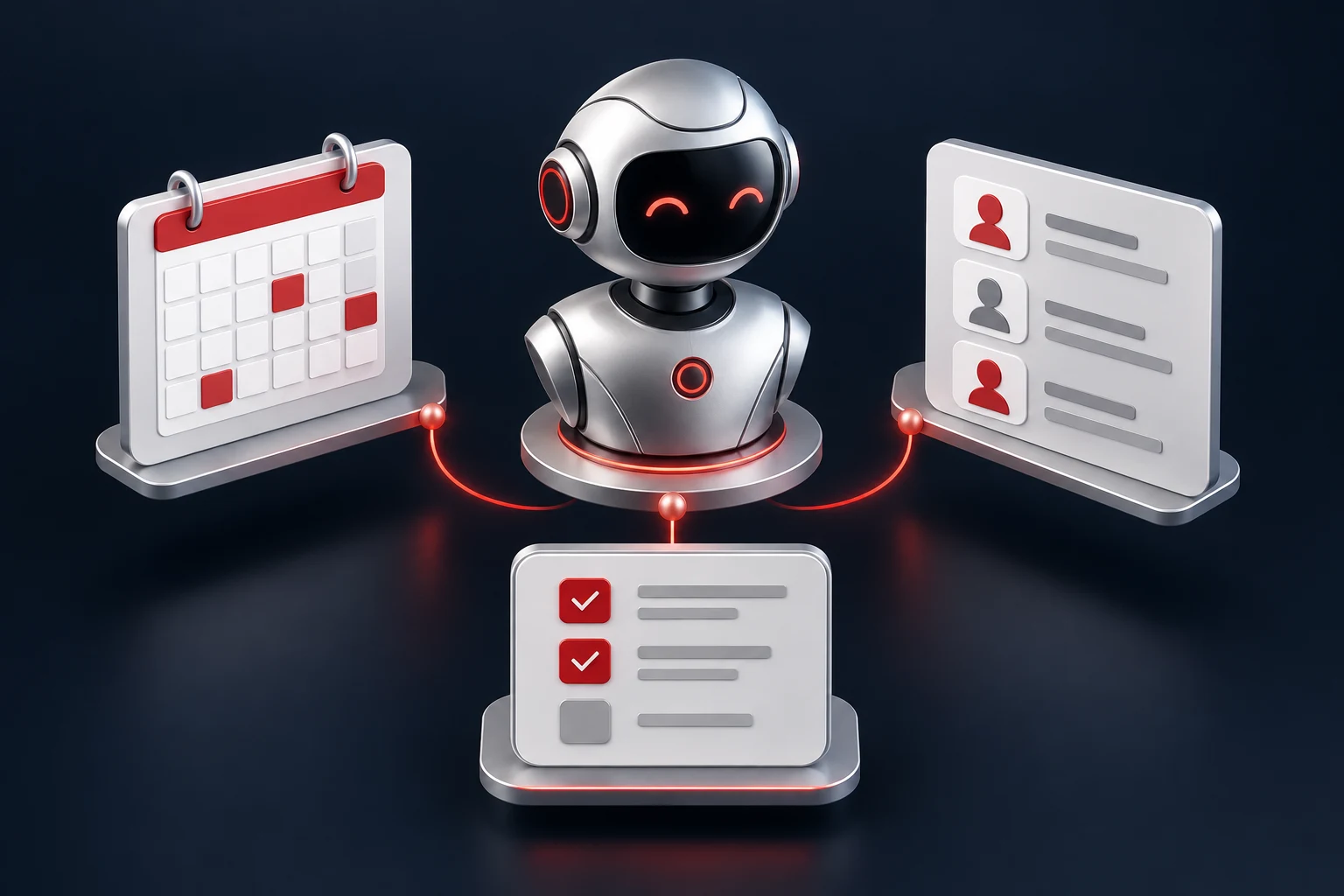 A digital assistant coordinating calendar, customer records, and task workflows