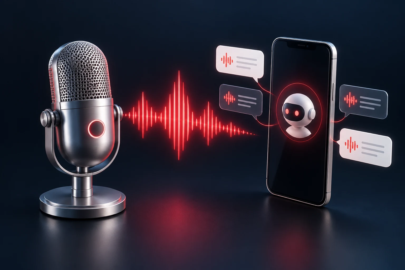 A microphone, voice waveform, and phone connected to conversation interfaces