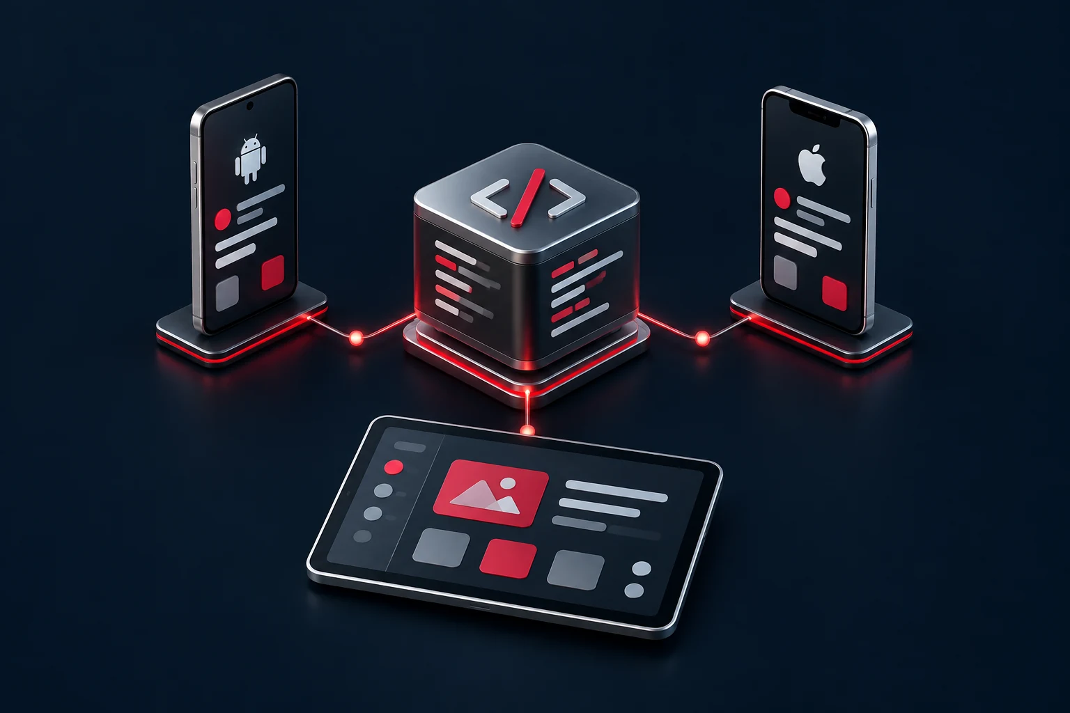 Cross-Platform App Development illustration showing shared code connecting multiple mobile platforms