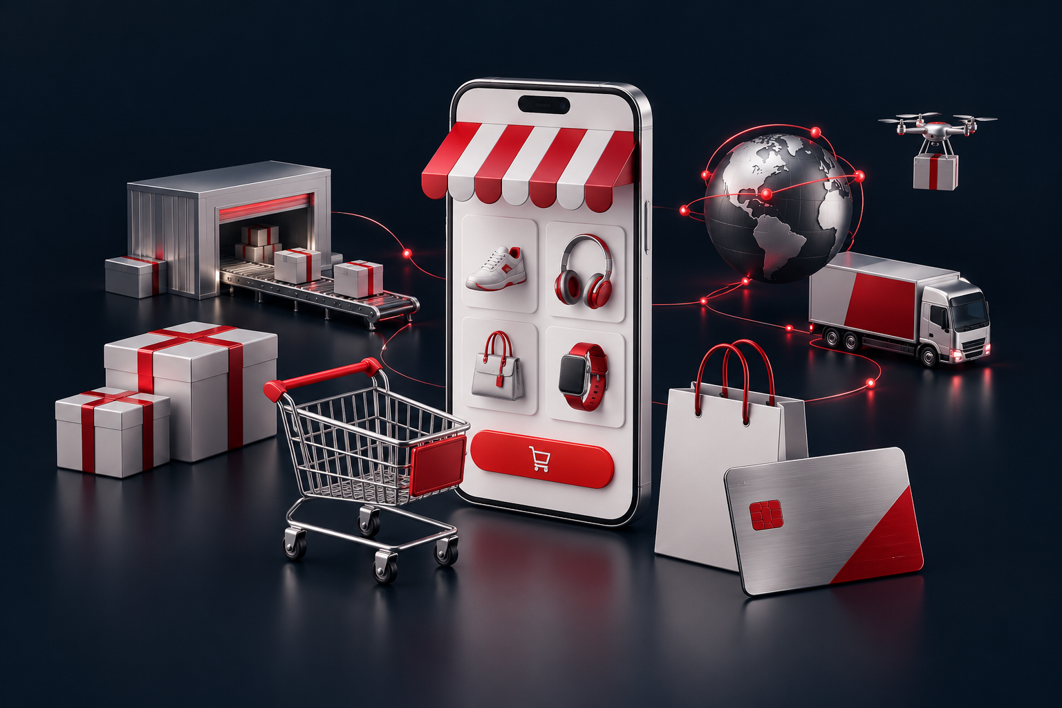 Online storefront, shopping cart, payment card, and packages representing connected e-commerce