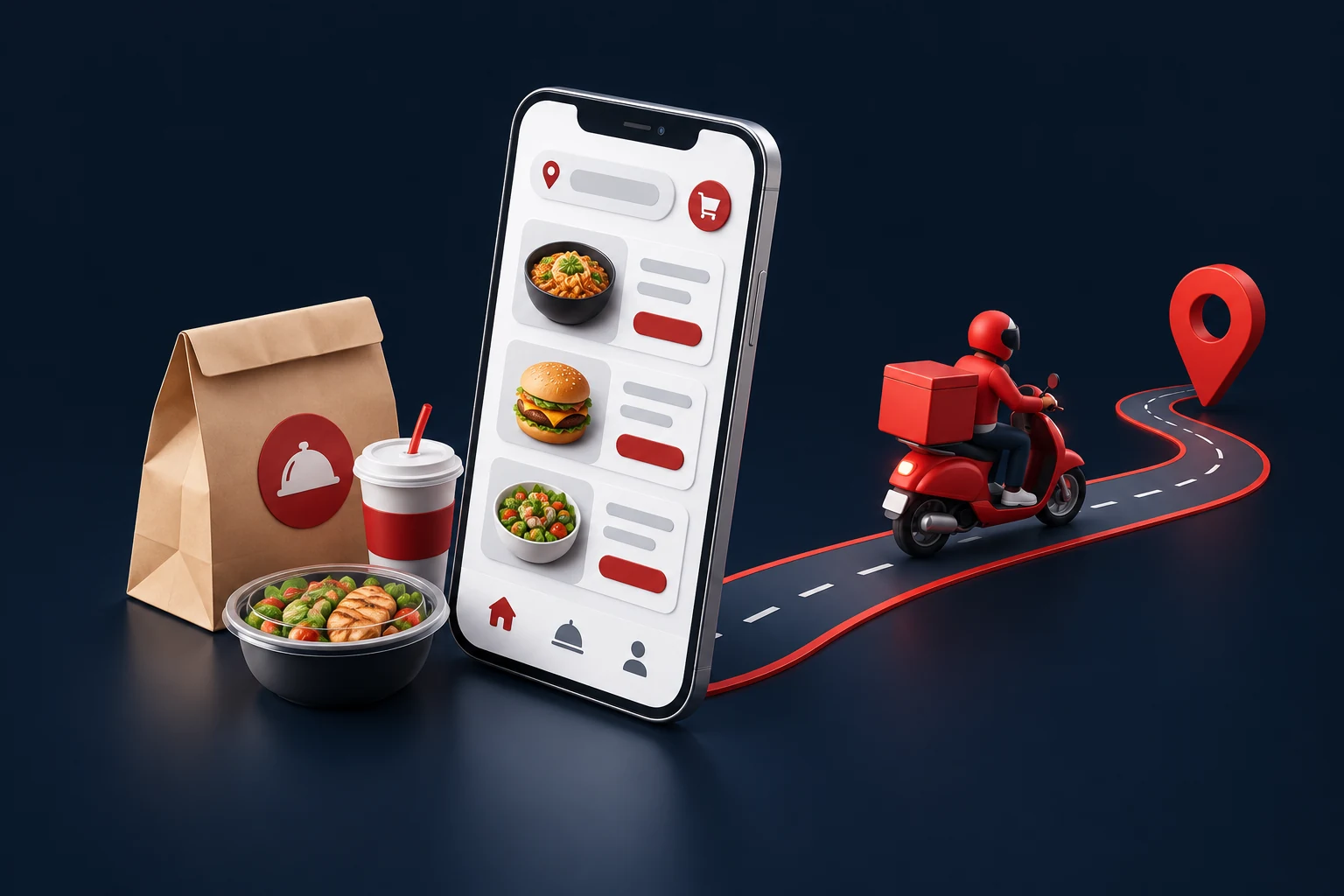 Food Delivery App Development illustration showing restaurant ordering and meal delivery