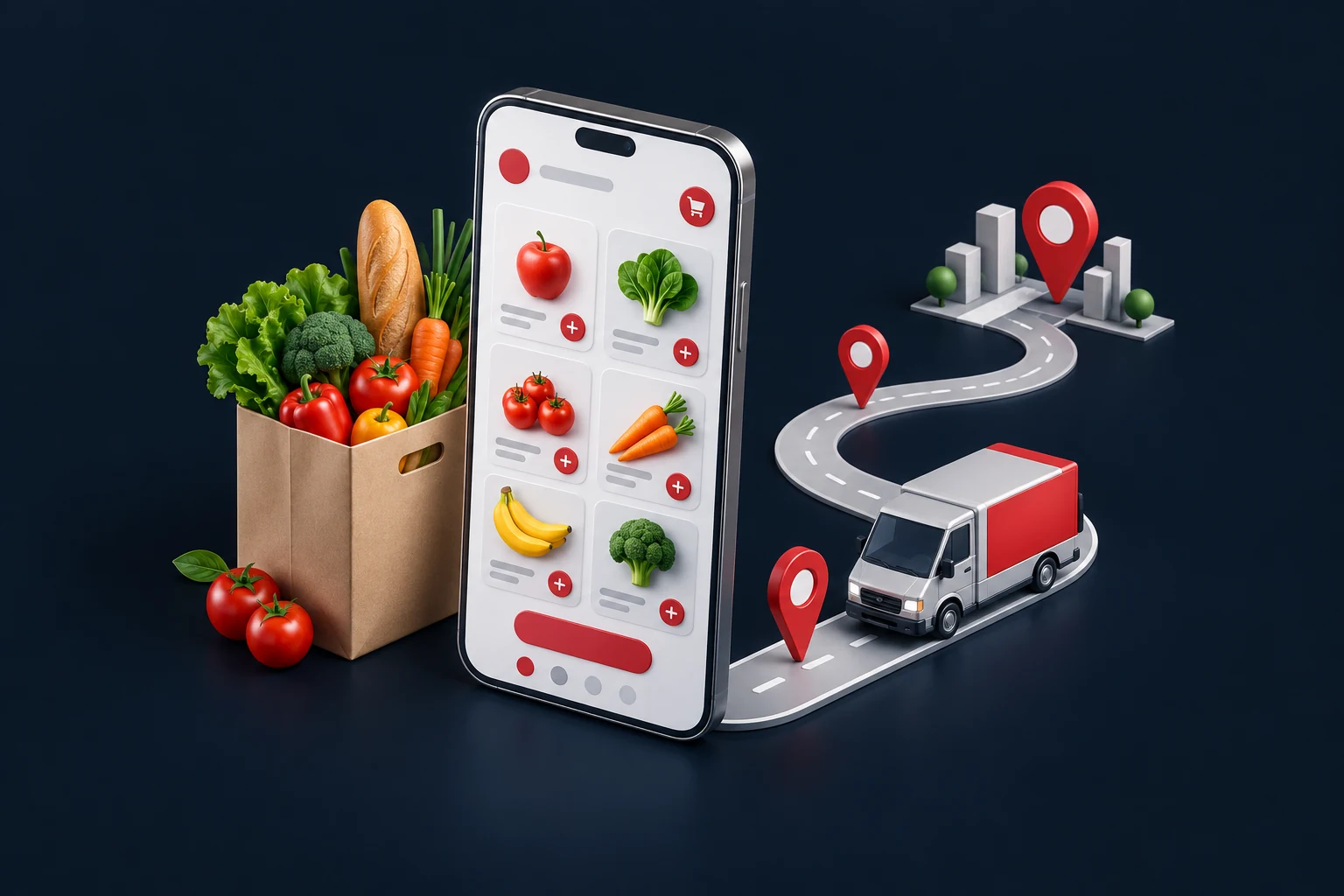 Grocery Delivery App Development illustration showing grocery shopping and doorstep delivery