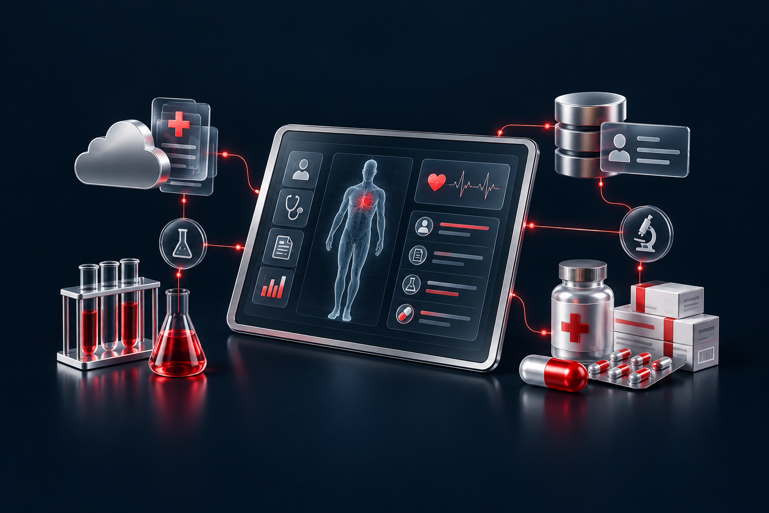 Patient portal connected to health records, laboratory workflows, and pharmaceutical inventory