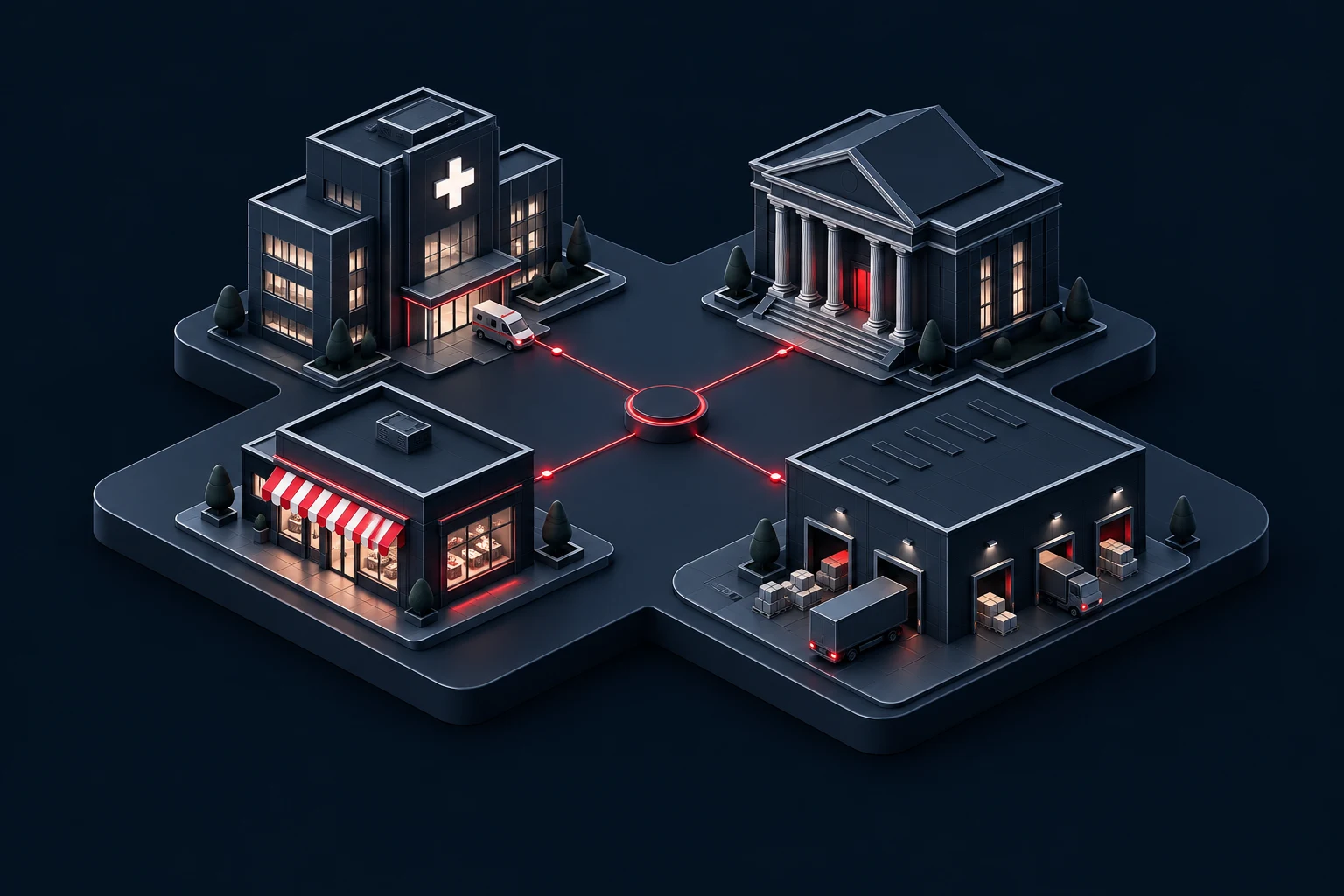 Healthcare, finance, retail, and logistics buildings connected by digital systems