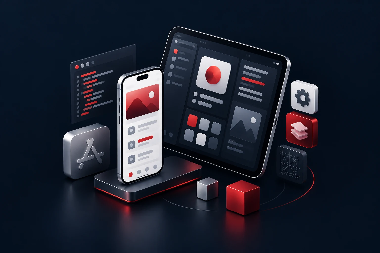 iOS App Development illustration showing iPhone and iPad interfaces