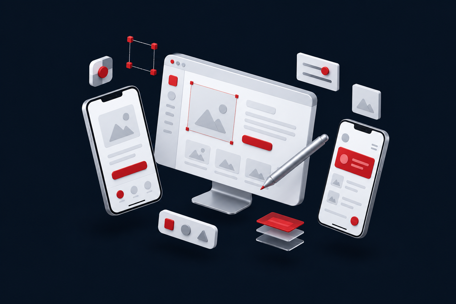 Web and mobile interface designs with reusable components and design tools