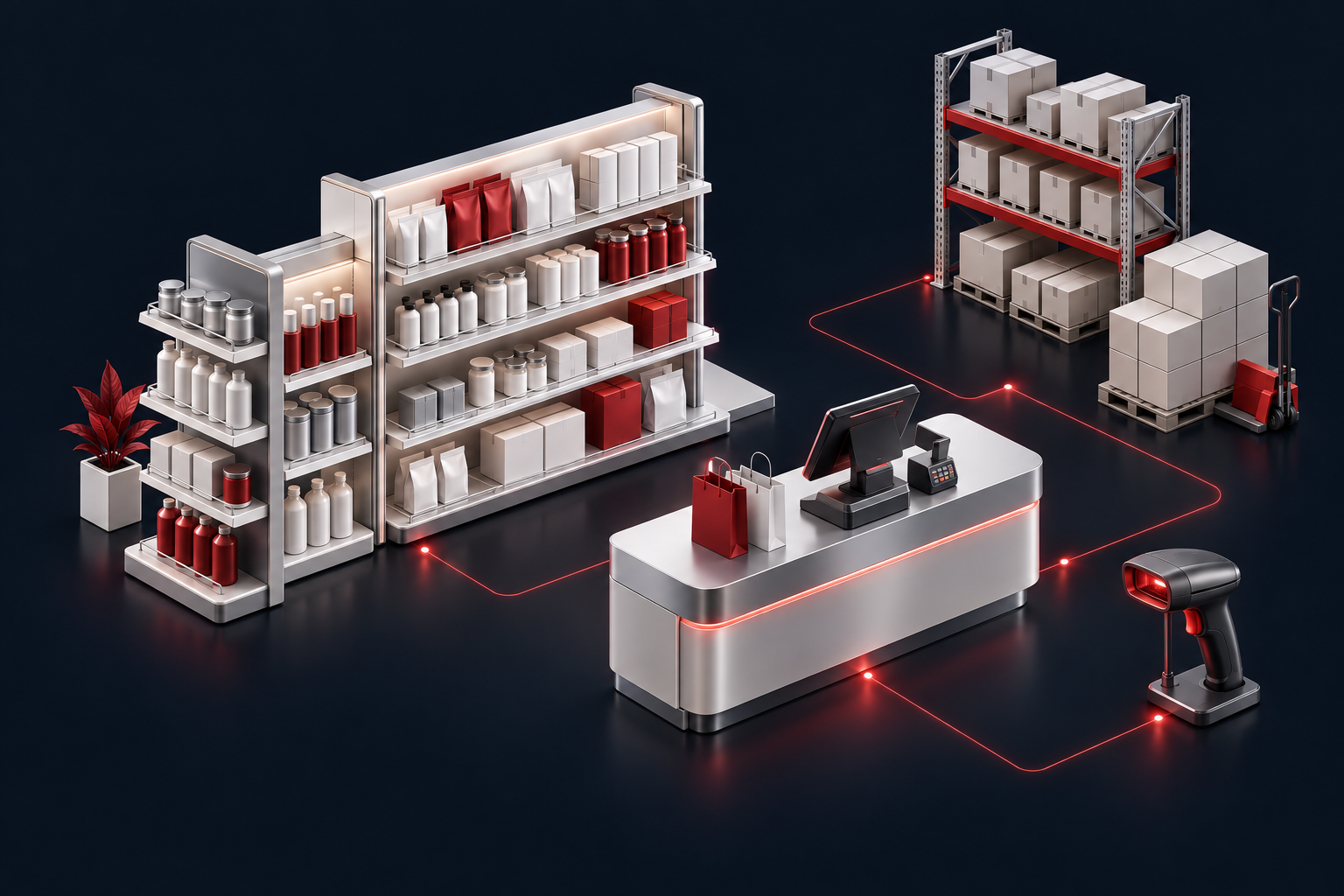 Retail shelves, point-of-sale terminal, packaged products, and connected inventory tools