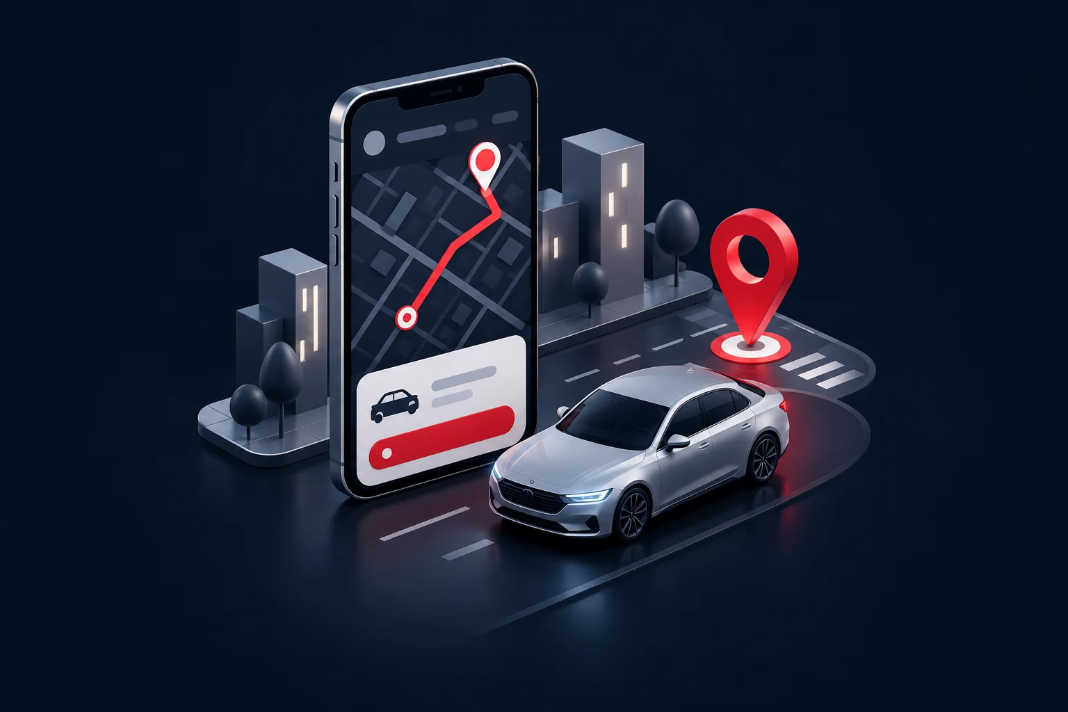 Ride-Hailing App Development illustration showing rider pickup and trip routing