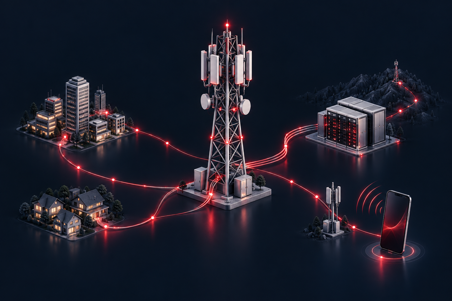 Telecommunications tower, connected servers, and a mobile device representing telecom software integration