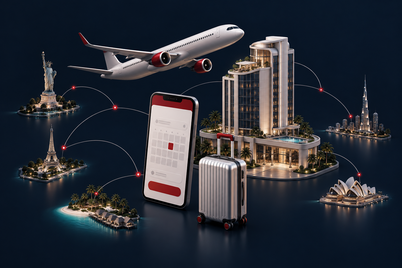 Hotel, flight, luggage, and mobile booking tools connected in a travel platform